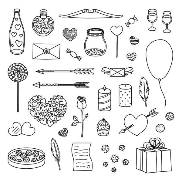 Hand Drawn Collection Outline Romantic Items Valentine Day Wedding Isolated — Stock Vector