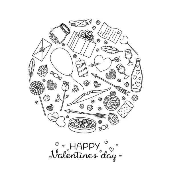 Hand Drawn Outline Romantic Items Valentine Day Wedding Composed Circle — Stock Vector