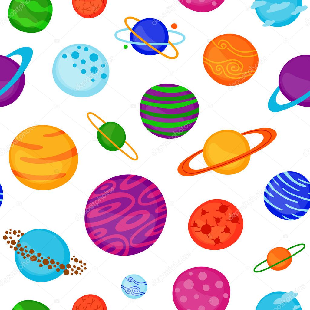 Bright seamless pattern with different cartoon fantastic space planets.