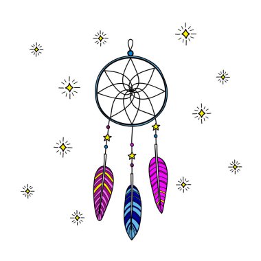 Beyaz arka planda tüy ve dekorla el çizimi rüya yakalayıcı. Geleneksel Amerikan Yerlisi tılsımı..