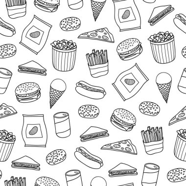 Siyah ve beyaz desenli, ana hatları elle çizilmiş fast food yemekleri..
