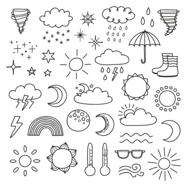 Karalama özeti hava ikonları koleksiyonu güneş, bulutlar, yağmur damlaları, kar taneleri, yıldızlar, ay, gökkuşağı, gök gürültüsü, beyaz arkaplanda izole edilmiş termometre.