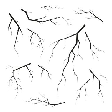 Beyaz arkaplanda izole edilmiş siyah elektrik yıldırımları koleksiyonu.