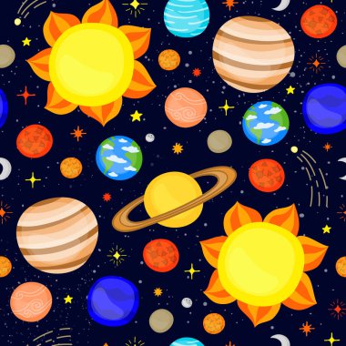 Güneş Sistemi 'nin karikatür gezegenleri ile sevimli koyu mavi pürüzsüz desen.