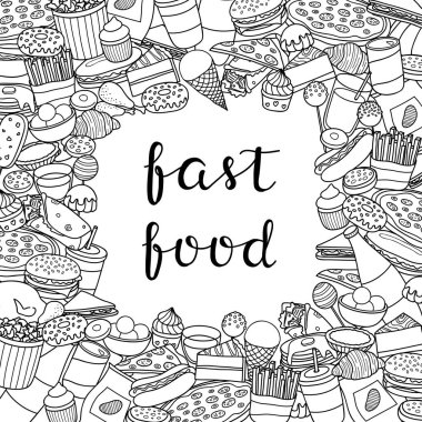 Farklı renksiz karalamalar, fast food ürünleri ve harflerle kare arka plan. Ayrıntılı çerçeve tasarımı. Kullanılan kırpma maskesi.