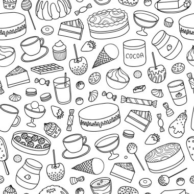 Elle çizilmiş çikolata ve kakao ürünleri, tatlılar, tatlılar, pastalar, meyveler....