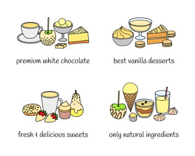 Beyaz arka planda izole edilmiş beyaz çikolatada farklı tatlı ve tatlı grupları. Vektör el çizimi resimleme.