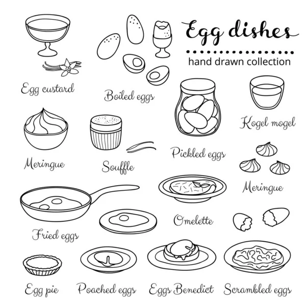 Collection Various Hand Drawn Outline Egg Dishes Isolated White Background — Stock Vector