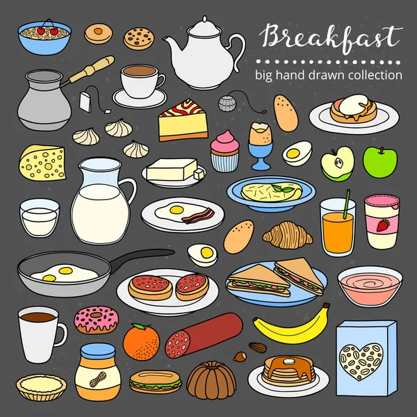 Colección Platos Tipo Bufé Elaborados Mano Que Incluyen Huevos Panqueques — Vector de stock