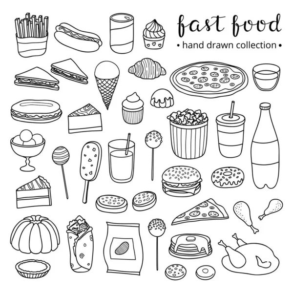 Collection Hand Drawn Outline Fast Food Meals Including Pizza Burger — Stock Vector