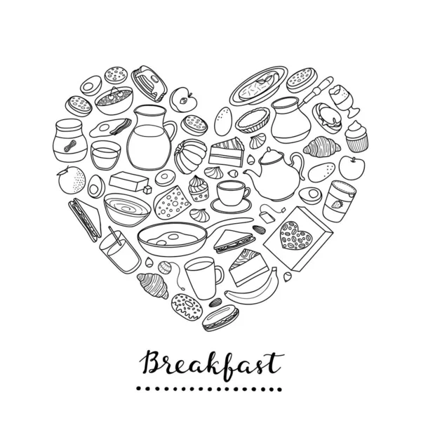 Hand Drawn Outline Buffet Style Breakfast Dishes Including Eggs Pancakes — Stock Vector