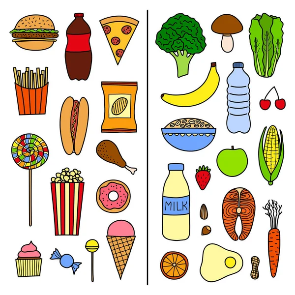 Hand Drawn Collection Healthy Unhealthy Food Isolated White Background Nutrition — Stock Vector