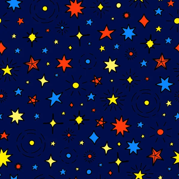 Padrão Sem Costura Azul Com Estrelas Coloridas Desenhadas Mão — Vetor de Stock