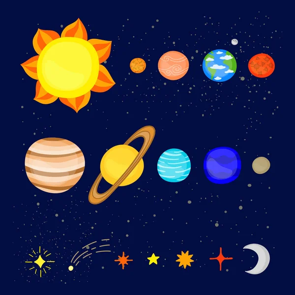 Набор Красочных Мультяшных Планет Солнечной Системы Изолирован Синем Фоне Космоса — стоковый вектор