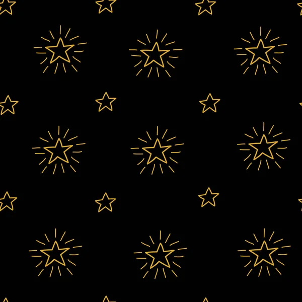 Schwarze Nahtlose Patern Mit Umrissenem Doodle Golden Glänzende Sterne — Stockvektor