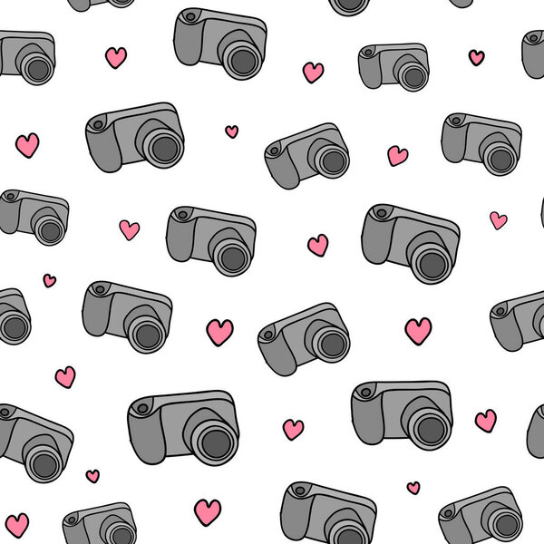 Cute seamless pattern with colored doodle photo cameras and hearts.