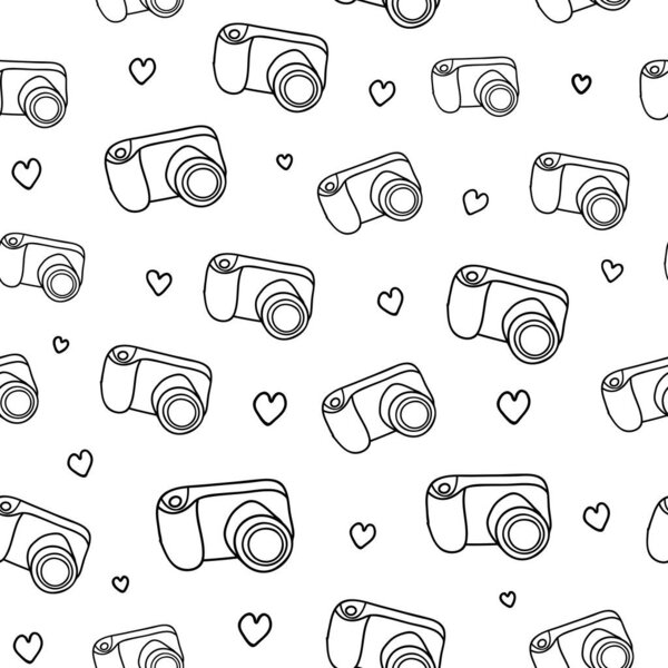 Black and white seamless pattern with outline doodle photo cameras, hearts.