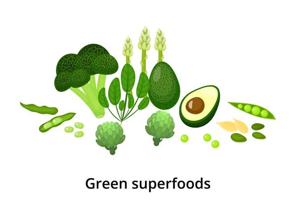 stock vector Composition of green superfoods in cartoon style isolated on white background.