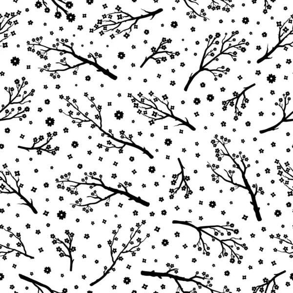 Patrón Sin Costura Blanco Negro Con Ramas Flores Sakura Cerezo — Vector de stock
