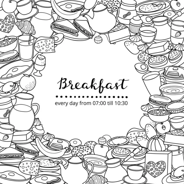 Square Background Different Uncolored Doodle Breakfast Items Lettering Detailed Frame — Stock Vector