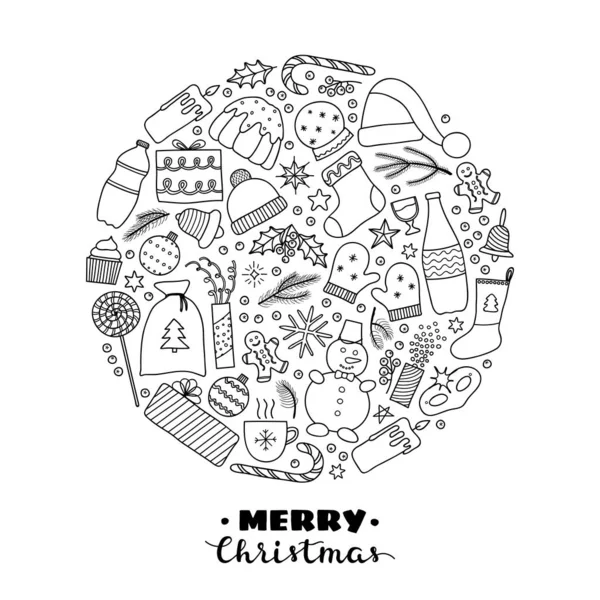 Natal Ano Novo Férias Doodle Esboço Itens Compostos Forma Círculo — Vetor de Stock