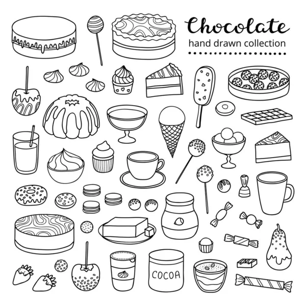 Colección Esbozos Chocolate Con Garabatos Productos Cacao Dulces Postres Pasteles — Vector de stock