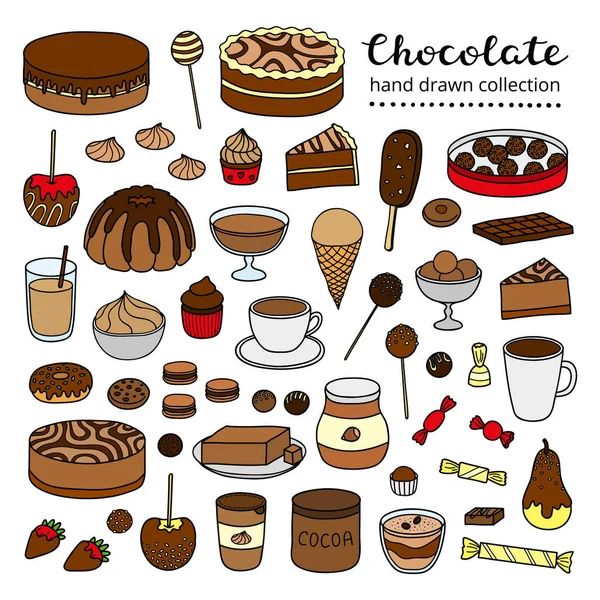 Colección Productos Chocolate Cacao Doodle Colores Dulces Postres Pasteles Frutas — Vector de stock