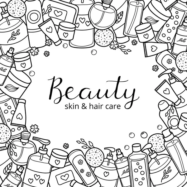 Square Background Different Uncolored Doodle Beauty Products Lettering Detailed Frame — Stock Vector