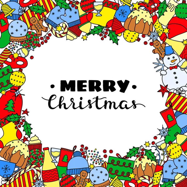 Fondo Cuadrado Con Diferentes Artículos Navidad Doodle Colorido Letras Diseño — Vector de stock