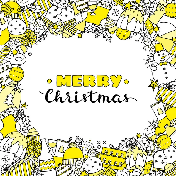 Quadratischer Hintergrund Mit Verschiedenen Doodle Weihnachtsartikeln Weiß Gelb Und Schriftzug — Stockvektor