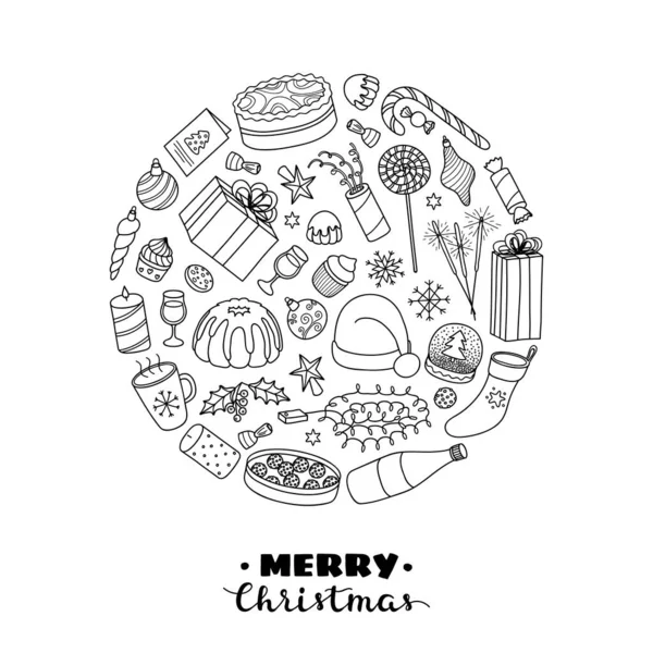 Weihnachten Und Neujahr Urlaub Handgezeichnete Umrisse Elemente Kreisform Komponiert — Stockvektor