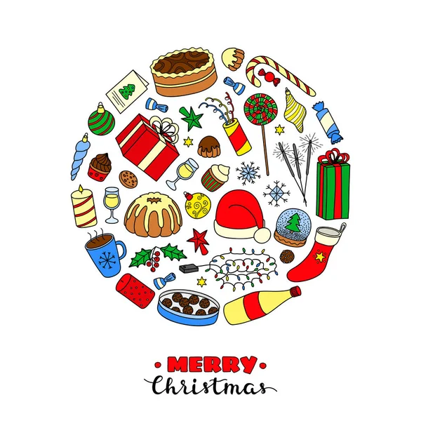Weihnachten Und Neujahr Urlaub Handgezeichnete Artikel Kreisform Komponiert — Stockvektor