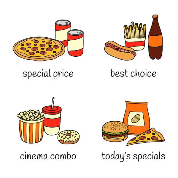 Diversi Gruppi Pasti Fast Food Isolati Sfondo Bianco Illustrazione Disegnata — Vettoriale Stock