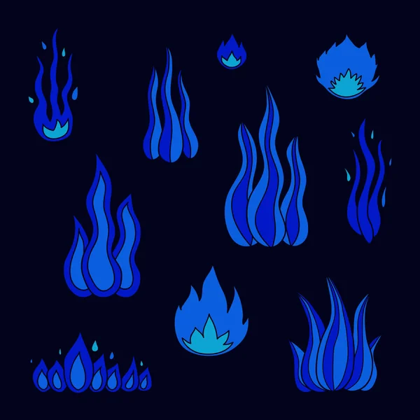 Conjunto Llamas Fuego Garabato Azul Aisladas Sobre Fondo Oscuro — Vector de stock