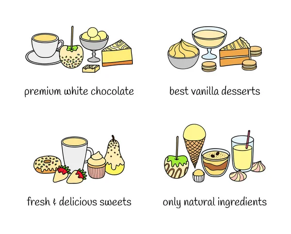 不同群体的甜点和甜食在白巧克力隔离背景 矢量手绘图解 — 图库矢量图片