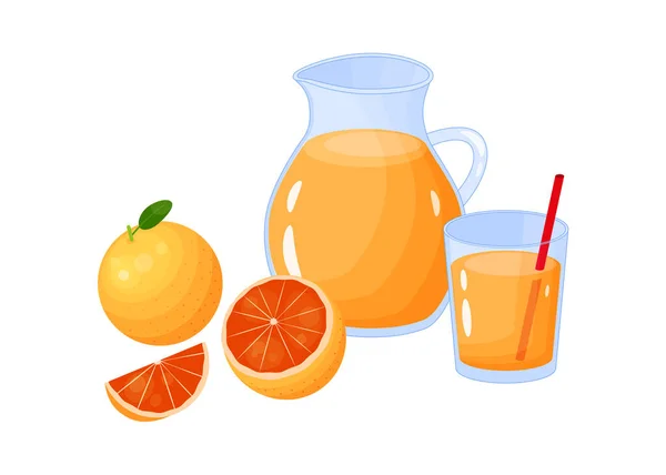 Cartoon Orange Grapefruit Juice Jar Glasses Ripe Fruits Isolated White — Stock Vector