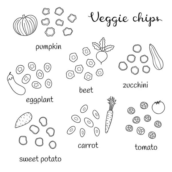 Verschiedene Doodle Skizzieren Gemüsechips Einschließlich Kürbis Auberginen Rüben Zucchini Süßkartoffeln — Stockvektor