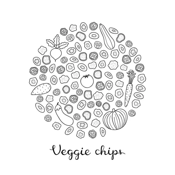 Diferentes Esbozos Garabatos Chips Vegetarianos Compuestos Forma Círculo Con Letras — Archivo Imágenes Vectoriales