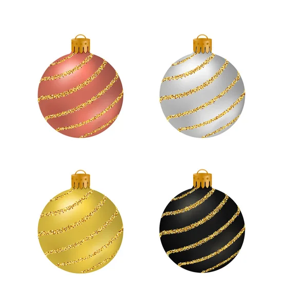 Set Weihnachtskugeln Oder Christbaumkugeln Mit Glatter Oberfläche Und Goldenen Glitzerstreifen — Stockvektor