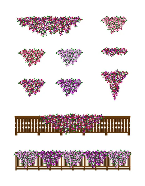 Sträucher Mit Petunienblüten Für Die Dekoration Des Balkons Flachem Stil — Stockvektor