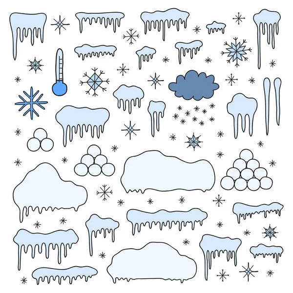 Set Van Doodle Gekleurde Sneeuwkappen Ijspegels Sneeuwballen Sneeuwvlokken Voor Winterdecoratie — Stockvector