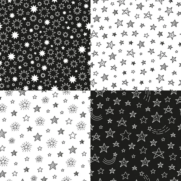 Conjunto Patrones Sin Costura Blanco Negro Con Estrellas Contorno — Vector de stock