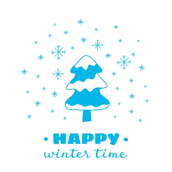 Poster Template Azure Lettering Happy Winter Time Fir Tree Snowflakes — Stock Vector