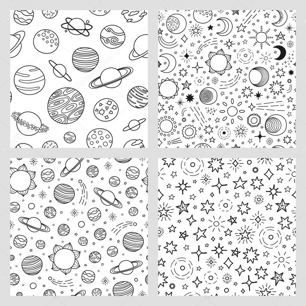Set of four black and white seamless pattern with hand drawn outline space planets, sun, moon, stars.