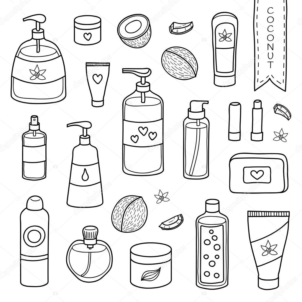 Collection of hand drawn outline beauty products with coconut for body and hair isolated on white background.