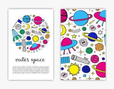 El çizimi renkli uzay simgelerine sahip kart şablonları. Kullanılan kırpma maskesi.