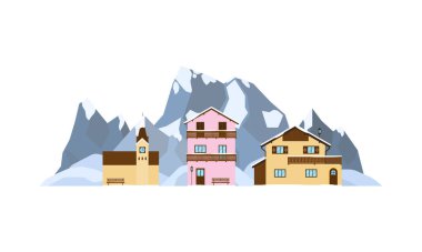 Karlı Alp dağları, beyaz arka planda izole edilmiş düz şekilli tepeler ve manzaradaki özel evler veya kiliseler..