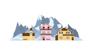 Private houses or chalets and church on the landscape with snowy Alpine mountains, hills in flat style isolated on white background. clipart
