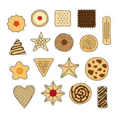 Beyaz arka planda çikolatalı ve jöleli farklı el yapımı kurabiyeler. Üst görünüm.