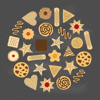 Çember şeklinde hazırlanmış çikolata ve jöleli farklı el yapımı kurabiyeler..